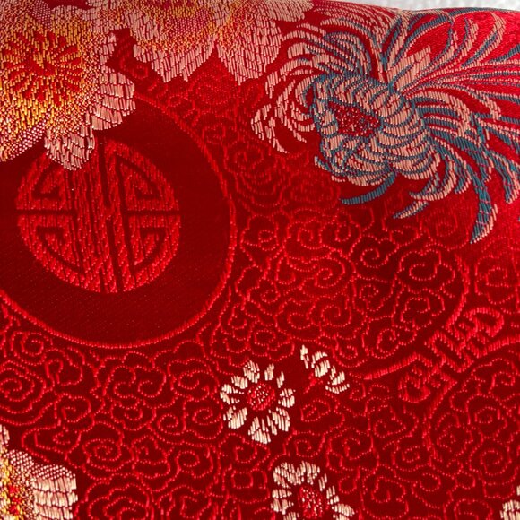 Red Gold Blue Chinese Satin Floral Brocade Fabric 44 x 359 Over 8 Yards - Picture 4 of 9